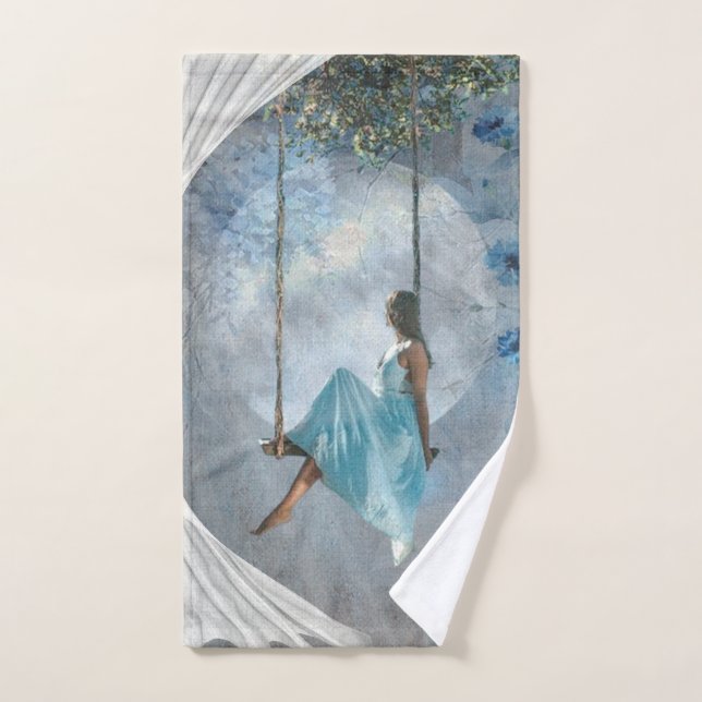 Eine Frau in blauem Kleid auf einer Schaukel Badhandtuch Set (Handtuch)