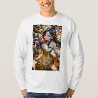 eine Frau in einem Goldkleid, die eine rote Rose v T-Shirt