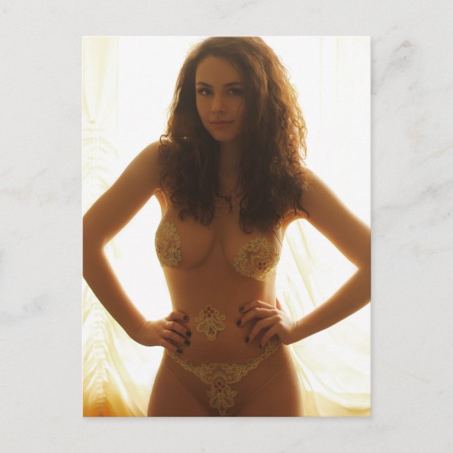 Eine Frau in fleischfarbenem Bodysuit mit Stickere Postkarte (Vorderseite)