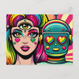 Eine Frau mit einem dritten Auge und einem Roboter Postkarte