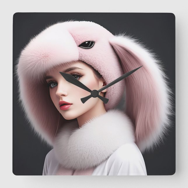Eine Frau mit einem Kaninchenhut Quadratische Wanduhr (Vorderseite)