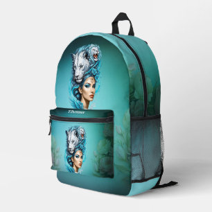 eine Frau mit einem majestätischen Löwenkopf zu be Bedruckter Rucksack