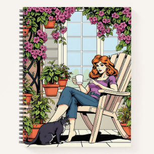Eine Frau mit Kaffee, Katze und Pflanze Notizbuch