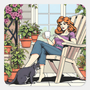 Eine Frau mit Kaffee, Katze und Pflanze Quadratischer Aufkleber