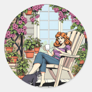 Eine Frau mit Kaffee, Katze und Pflanze Runder Aufkleber