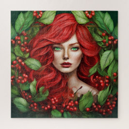 Eine Frau mit leuchtend rotem Haar/blühendes rotes Puzzle