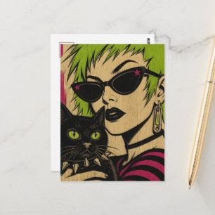 Eine Frau mit Limettengrünem Haar und ihrer schwar Postkarte