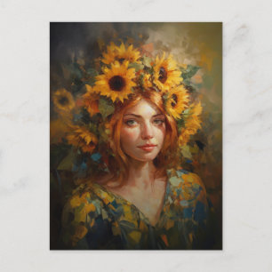 Eine Frau mit Sonnenblumen im Haar Postkarte