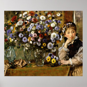 Eine Frau sitzt neben einer Vase von Blume Poster