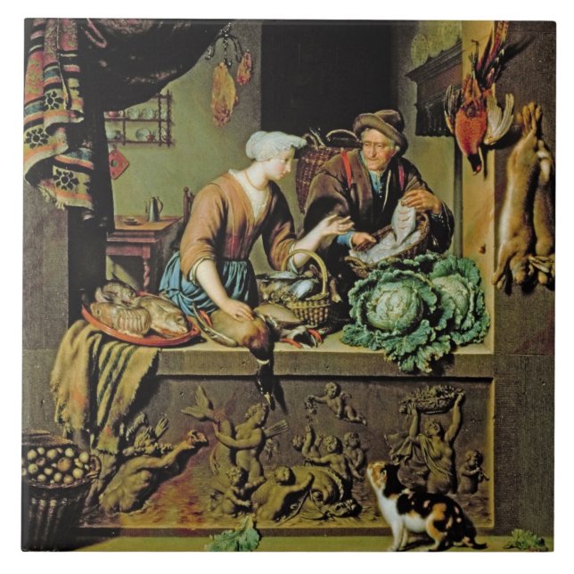 Eine Frau und ein Fisch-Hausierer, 1713 (Öl auf Fliese (Vorderseite)