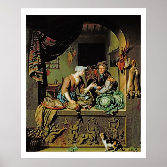 Eine Frau und ein Fischer-Pedler, 1713 (Öl auf Taf Poster (Vorne)