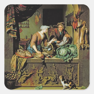 Eine Frau und ein Fischer-Pedler, 1713 (Öl auf Taf Quadratischer Aufkleber