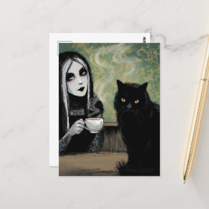 Eine Frau und ihr Cat-Morgenkaffee Postkarte
