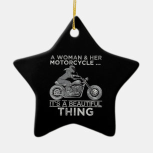 Eine Frau und ihr Motorrad-Kunstgeschenk für Biker Keramik Ornament