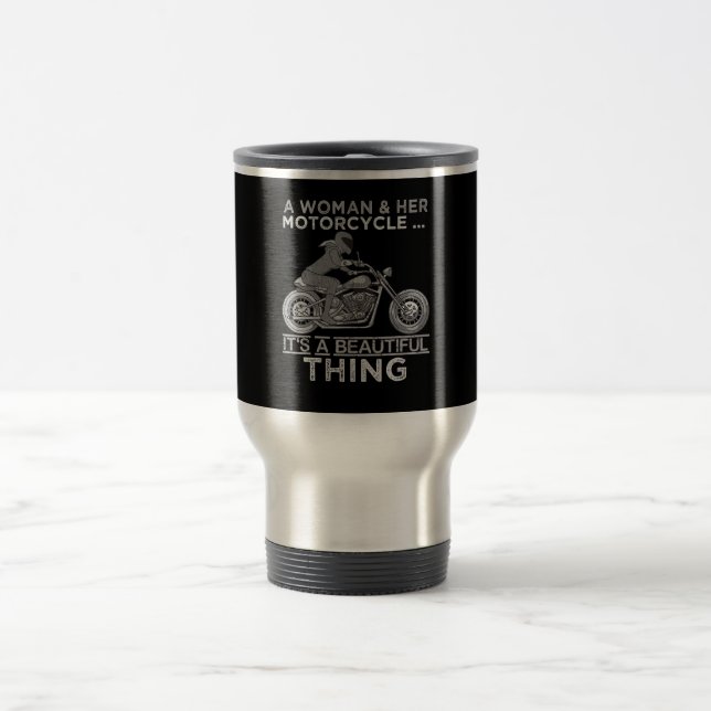 Eine Frau und ihr Motorrad-Kunstgeschenk für Fahrr Reisebecher (Mittel)