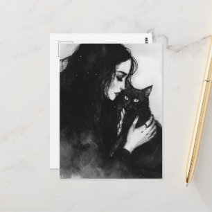 Eine Frau und ihre schwarze Katze Postkarte