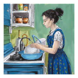 Eine Frau wäscht Geschirr in einer blauen Küche. Fotodruck