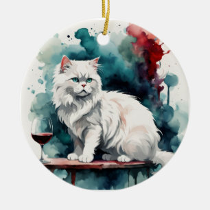 Eine Frau Wein/ und ihre Katze Keramik Ornament