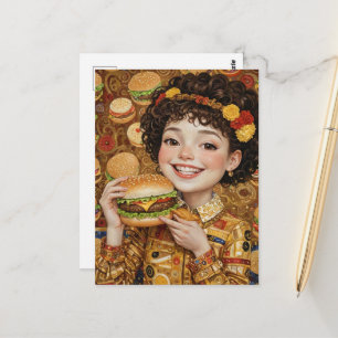 Eine fröhliche Dame mit einem Cheeseburger Postkarte