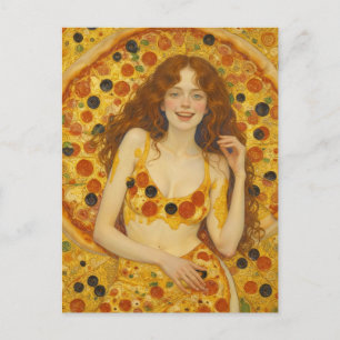Eine fröhliche Frau mit Pizzakleid Postkarte