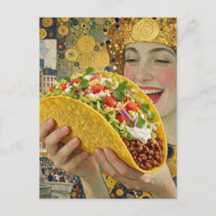 Eine fröhliche surrealistische Frau mit Giant Taco Postkarte