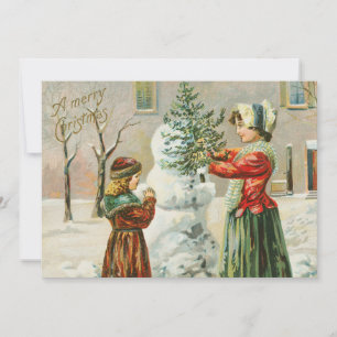 Eine fröhliche Weihnachtsfrau, Kind und Schneemann Feiertagskarte