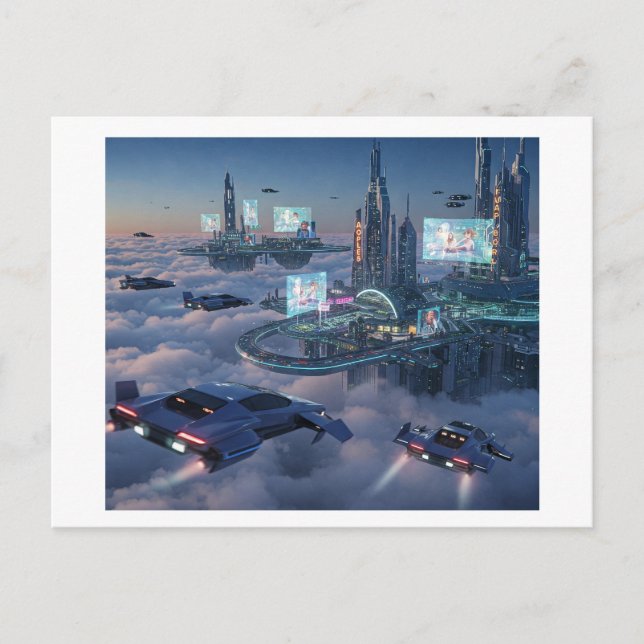 . Eine futuristisch schwebende Stadt über den Wolk Postkarte (Vorderseite)
