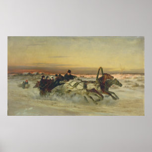 Eine galoppierende Winter-Troika an der Dämmerung Poster