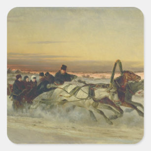 Eine galoppierende Winter-Troika an der Dämmerung Quadratischer Aufkleber
