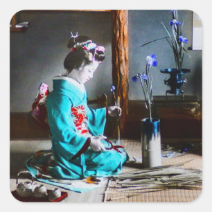 Eine Geisha arrangiert Schwertlilien-Blumen Vintag Quadratischer Aufkleber