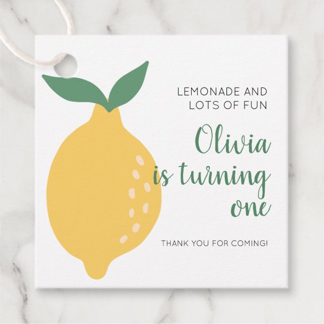 Eine gelbe Lemon drehen 1. Geburtstag Geschenkanhänger (Vorderseite)