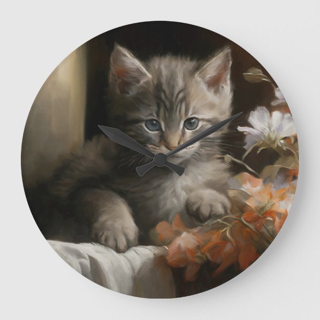 Eine gemütliche Ecke Tabby Kitten Große Wanduhr (Vorderseite)