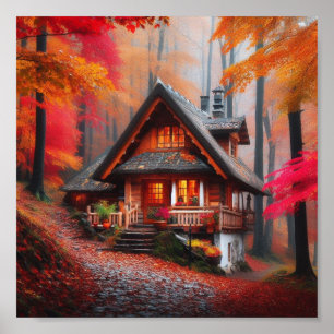 Eine gemütliche Hütte mit schönen Herbstblättern Poster