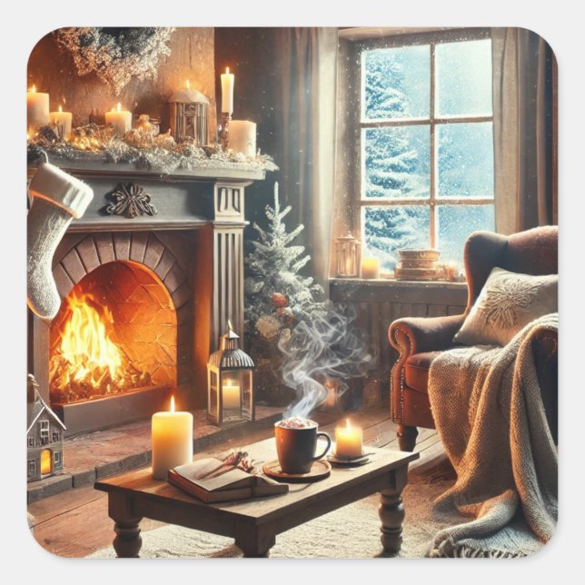 Eine gemütliche Winterlandschaft am Kamin Quadratischer Aufkleber (Vorderseite)