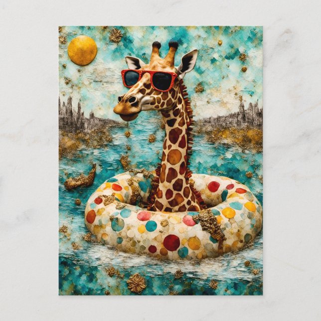 Eine Giraffe zum Urlaub in einem Floating-Donut Postkarte (Vorderseite)