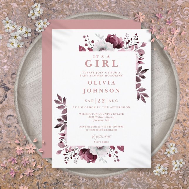 Eine Girl Dusty Rose Elegante Blumendusche Einladung (Its A Girl Dusty Rose Elegant Floral Baby Shower Invitation)