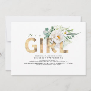 Eine Girl Floral Gold Typografie Babydusche Einladung