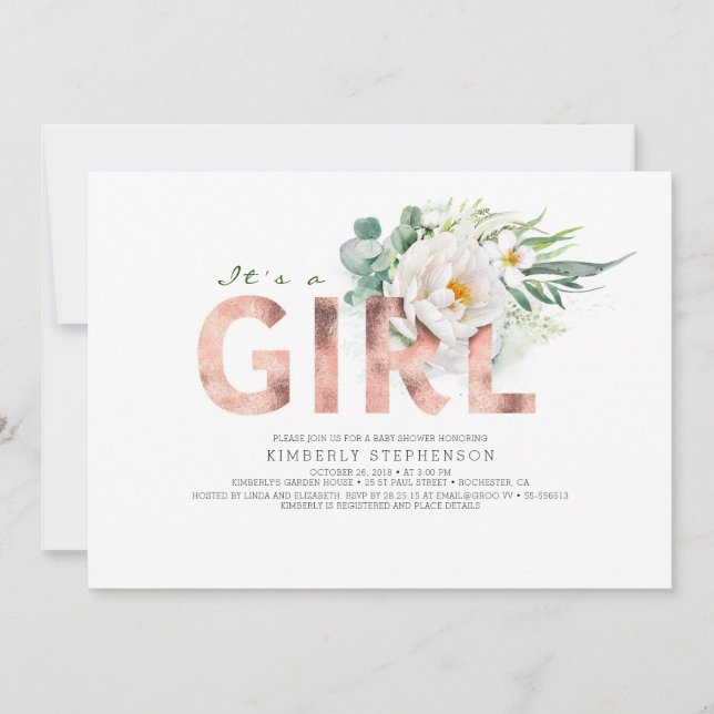 Eine Girl Floral Rose Gold Typografie Kinderdusche Einladung (Vorderseite)