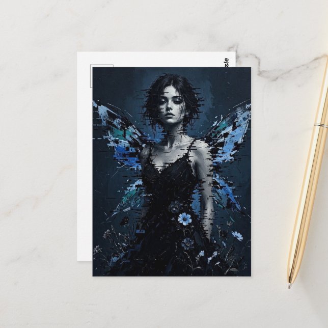 Eine Glitch-Fee mit blauen Blumen Postkarte (Vorderseite/Rückseite Beispiel)