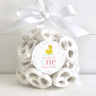 Eine glückliche Ducky Duck Pink erste Geburtstagsp Runder Aufkleber