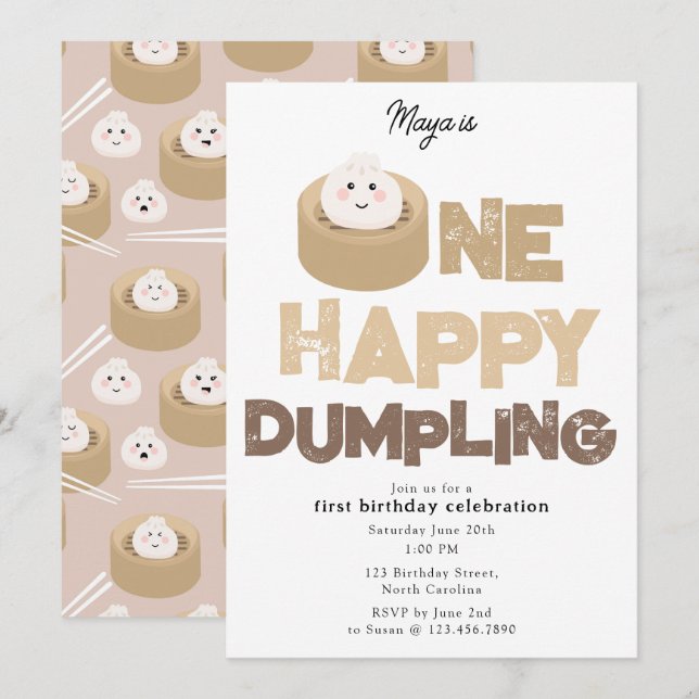 Eine glückliche Dumpling-Einladung zum 1. Geburtst Einladung (Vorne/Hinten)