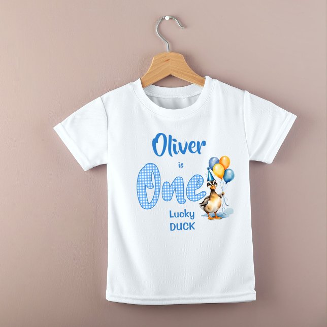 Eine glückliche Ente mit blauen Gingham Geburtstag Baby T-shirt (One lucky duck blue gingham birthday printed baby T-Shirt birthday photo props )