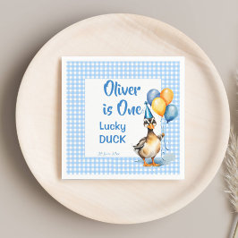 Eine glückliche Ente mit blauen Gingham Geburtstag Serviette