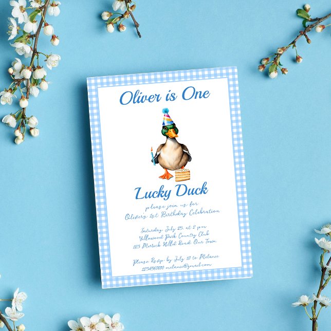 Eine glückliche Ente mit blauer Gingham Geburtstag Einladung (One lucky duck blue gingham  birthday party template invitation digital download cute mallard duck)