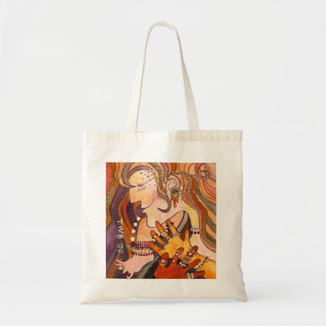 Eine glückliche Frau mit ihrem Rot-Gemalten Tragetasche (Vorne)