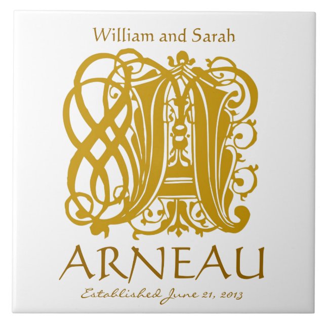Eine Goldmonogramm auf Weiß - Namen Hochzeitdatum  Fliese (Vorderseite)