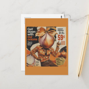 Eine groovy retro tanzende Zwiebel Postkarte