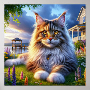 Eine großartige Coon Cat Ruhe in einer ruhigen Lan Poster