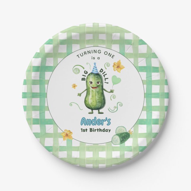 Eine große Dillgurke zum ersten Geburtstag Blau Pappteller (Vorderseite)