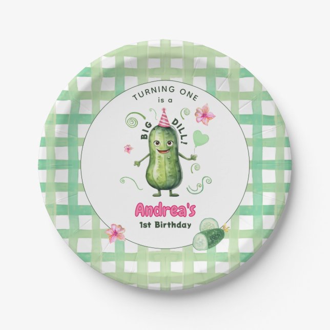 Eine große Dillgurke zum ersten Geburtstag Rosa Pappteller (Vorderseite)